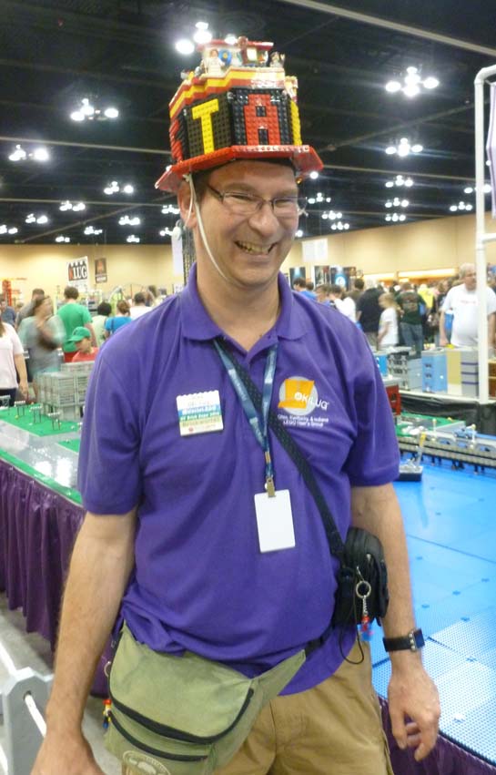 Man in a LEGO brick hat